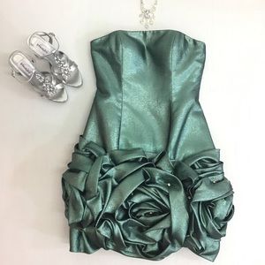 Jovani | metallic green strapless jeweled rosettes